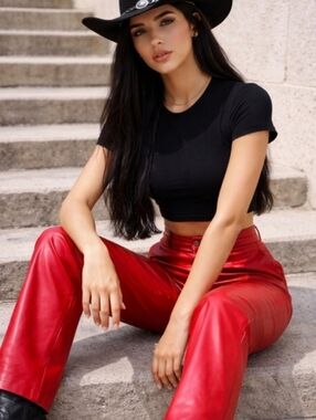 The Leather Ranch | Red Genuine Leather High-Waisted Pants Straight Leg 31